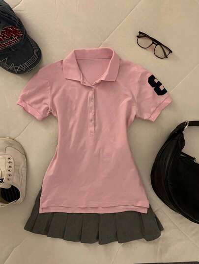 Glimmora Plus Size Women's Numeric Print Polo Collar Short Sleeve T-Shirt