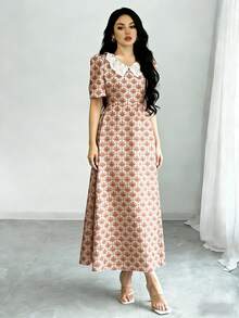Modelyn V领蕾丝拼接碎花短袖收腰连衣裙，女士长款碎花连衣裙，适合夏季度假和日常穿着 - 彩色 - 查看 4