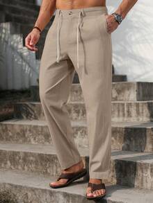 VENTUSAIL Men Solid Drawstring Waist Pants Tapered Long Slacks Linen Cool Plain Going Out, Fall - Khaki - View 5