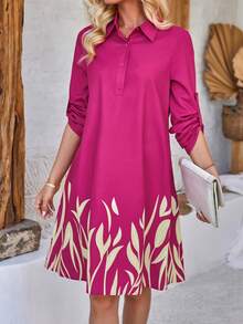 EMERY ROSE Women Holiday Casual Plant Print Roll Sleeve Dress - Hot Pink - View 4