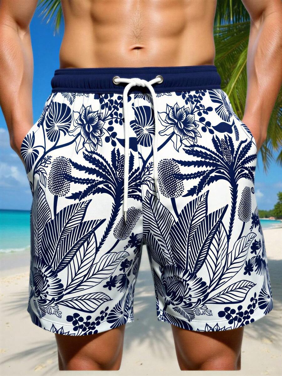 Manfinity Swimmode Quần short đi biển nam thời trang, họa tiết nhiệt đới. - Xanh và trắng - Xem 1