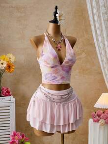 SHEIN Glamour Pink Floral Summer Boho Vacation Holiday Women's Glitter Halter V-Neck Backless Sleeveless Asymmetrical Mini Skirt 2 Pieces Set,Music Festival - Pink - View 5