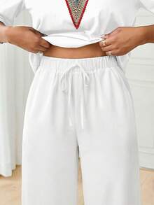 SHEIN Lady Women's Fashionable Elegant V-Neck Blouse & Pants 2 Pieces Set - White - View 5