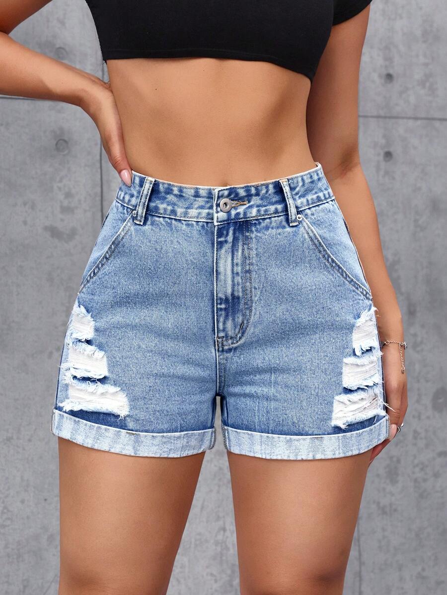 SHEIN Tall Women's Casual Washed Distressed Denim Shorts, Summer - Blue - View 1