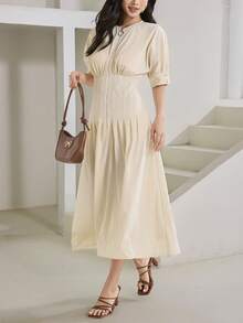 Heiryn Women's Solid Color Short Sleeve Zipper Front Casual Waist Cinched Midi Dress - Yellow - View 5