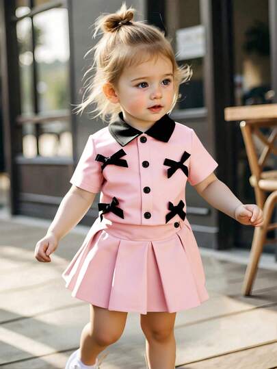 Souflis Souflis 韩版休闲女童黑色蝴蝶结装饰灰色短上衣搭配灰色百褶裙套装，适合日常穿着、度假、拍照、春夏穿着，尺码3个月至3岁。