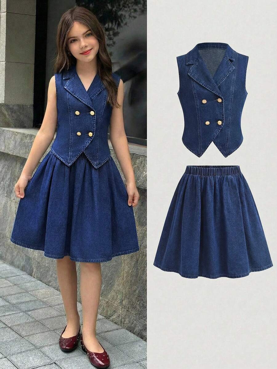 Firerie Kids Tween Girl Lapel NeckDouble-Breasted Denim Vest And Denim Mini Skirt Casual Set - Dark Wash - View 1