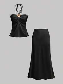 SHEIN MOD 女士优雅露背吊带上衣和鱼尾裙两件套，夏季 - 黑色 - 查看 11