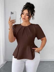 SHEIN Elenzya Áo sơ mi mùa hè thanh lịch dệt kim dành cho nữ cỡ lớn - màu nâu - Xem 1