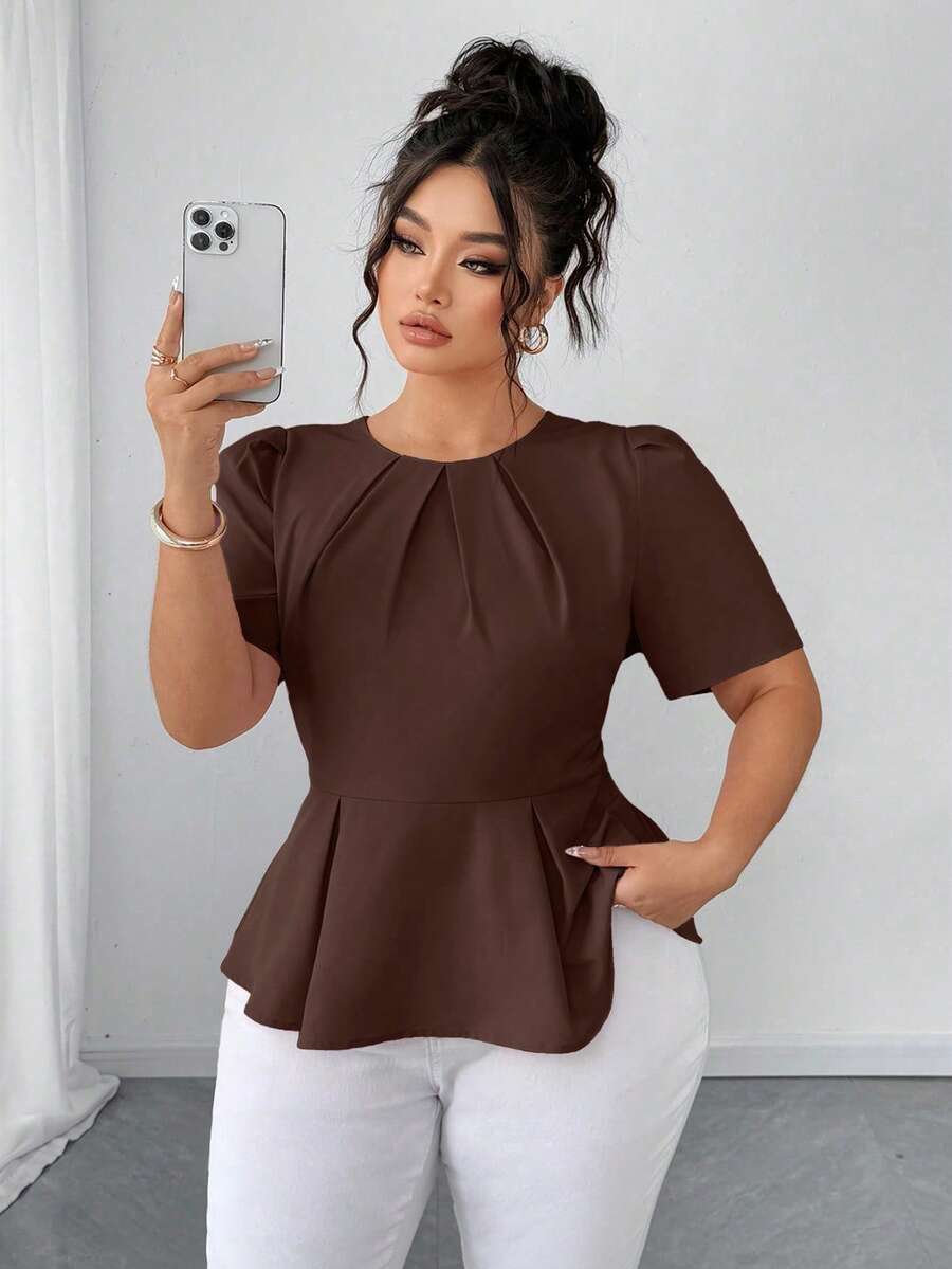 SHEIN Elenzya Áo sơ mi mùa hè thanh lịch dệt kim dành cho nữ cỡ lớn - màu nâu - Xem 1
