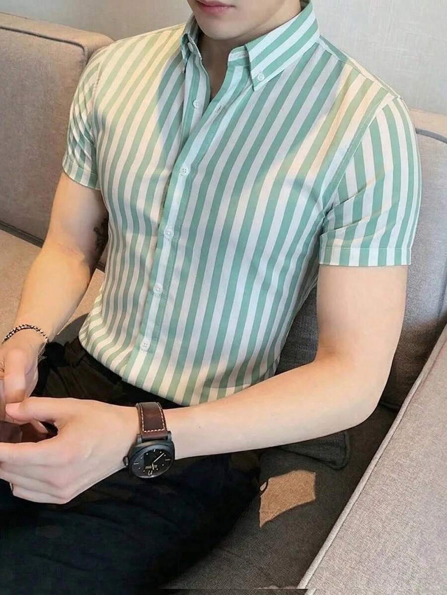 Calvornis 男士休闲通勤条纹短袖衬衫 - 薄荷綠 - 查看 1