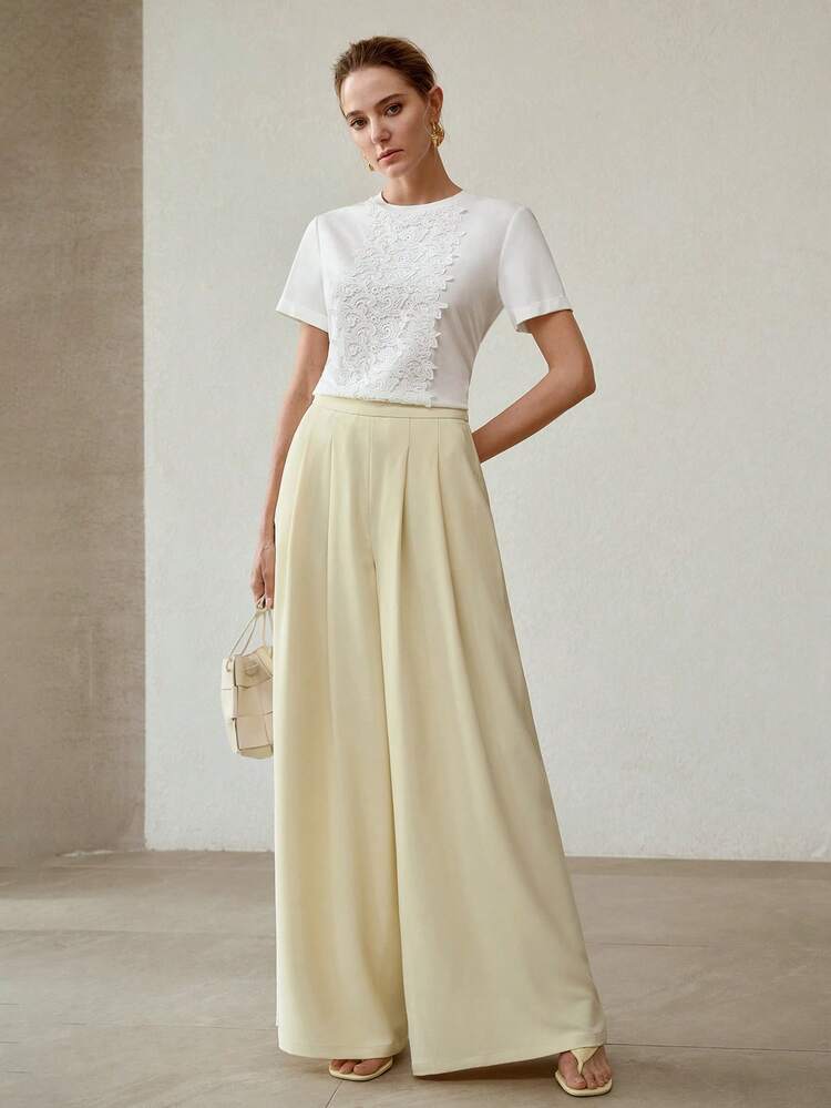 WOMEN'S ELEGANT CONTRAST LACE WHITE T-SHIRT, SUMMER