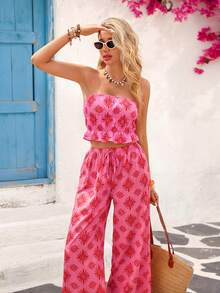 Vivid Eden Bohemian Style Printed Strapless Top And Wide Leg Pants 2 Pieces Set, Casual Vacation Outfit For Spring/Summer - Pink - View 8