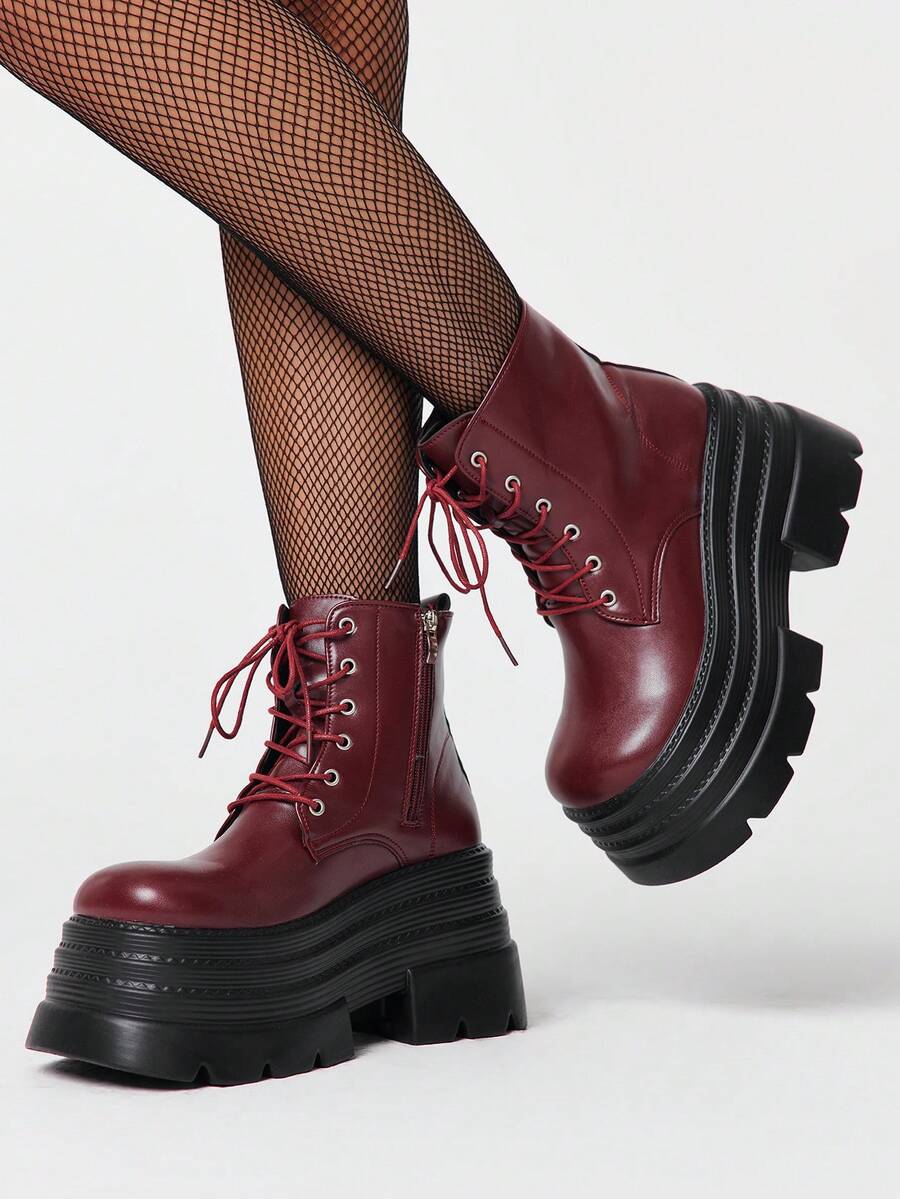 ROMWE Goth Women Heeled Sandals 2026 New Autumn And Winter Punk Style Burgundy PU Round Toe Boots Thick-Soled Small Riding Boots Versatile Muffin Ankle Boots - Burgundy - View 1