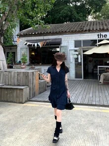 K-Vae Women's Solid Color Ruched Waist Mini Dress, Suitable For Dates And Parties Retro Dresses For Woman Casual Dress Women,Summer Dresses For Women - Navy Blue - View 4