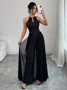 Elenzga petite 女士优雅度假风黑色露背系带V领镂空收腰显瘦薄纱拼接连体裤 - 黑色 - 查看 1