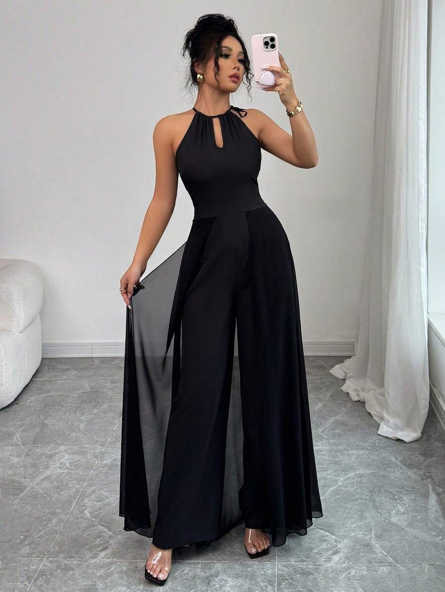 Elenzga petite 女士优雅度假风黑色露背系带V领镂空收腰显瘦薄纱拼接连体裤 - 黑色 - 查看 1