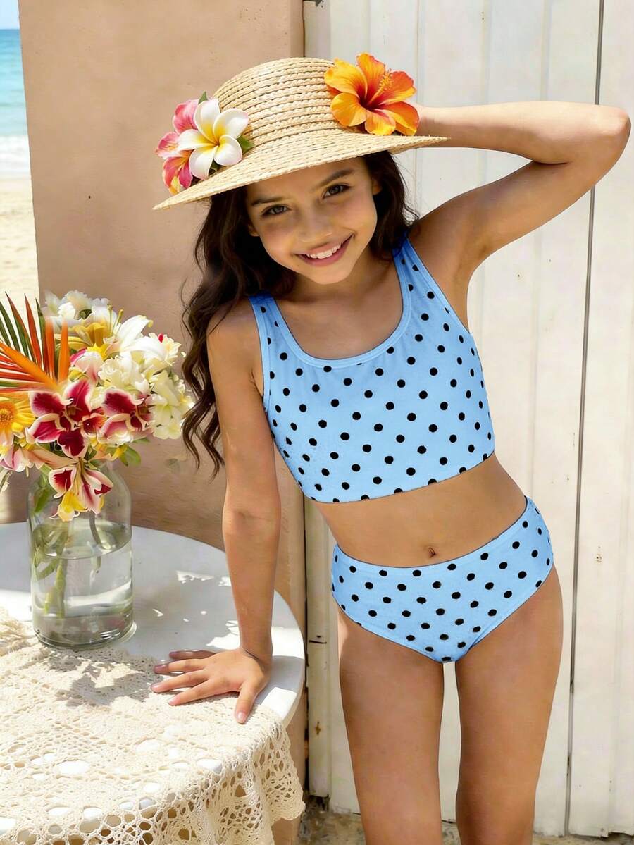 少女波点吊带背心式泳衣和三角泳裤两件套泳衣，适合夏季穿着 - 彩色 - 查看 1