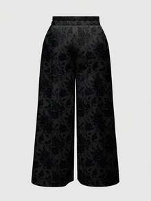 ROMWE Celana Panjang Wanita Gaya Gothic Dark Punk dengan Motif Bunga Mawar dan Kaki Lebar yang Elegan - Hitam - View 2