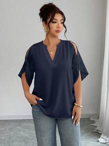 Elenzga Plus Size Women's Elegant Textured Jacquard Splice Loose Blouse, Spring/Summer - Navy Blue - View 5