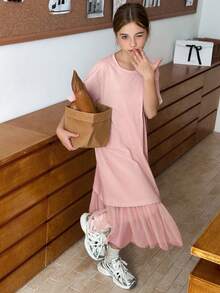 Hapijoa Đầm dệt kim cổ tròn phối lưới tương phản cho bé gái tuổi teen, mùa hè - Màu be - Xem 3