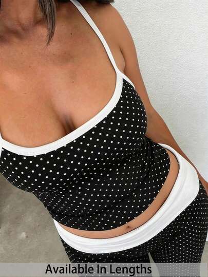 SHEIN PETITE CURVE Plus Size Women's Polka Dot Contrast Color Summer Set, Includes Polka Dot Contrast Color Camisole And Pants, Suitable For Spring/Summer Outings. Polka Dot Camisole, Sweet Polka Dot Camisole, Black And White Polka Dot Patchwork Camisole