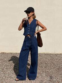 DAZY 女士休闲水洗牛仔背心和阔腿牛仔裤套装，春夏款 - 中等水洗藍 - 查看 4