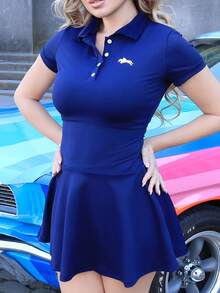 Elenary Edit Vestido casual de manga corta con estampado ecuestre y cuello polo para mujer - Azul Marino - Ver 3