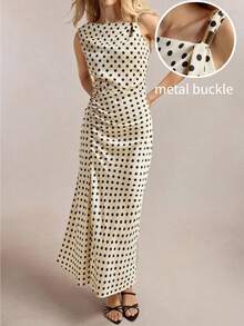 BizChic 杏色底黑色波点印花不对称肩部连衣裙，饰有金属装饰，腰部褶皱设计，适合办公室、正式场合、优雅都市通勤、日常休闲、浪漫90年代复古风，也适合派对、婚礼宾客、伴娘、女主人、外出、社交活动、音乐会、毕业典礼、早午餐、机场等各种场合。 - 彩色 - 查看 1