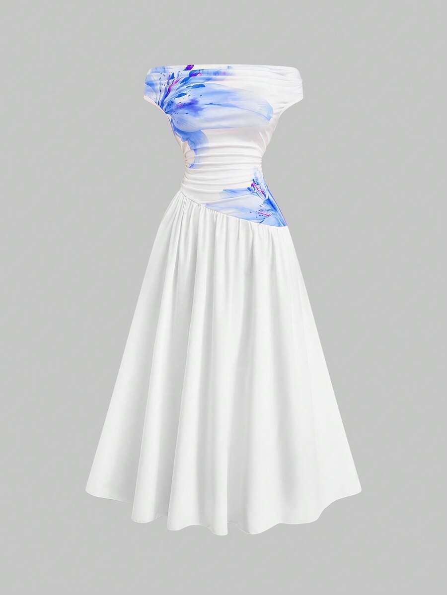 Sweetra 大码时尚白色露肩短袖印花拼接收腰连衣裙，春夏款 - 藍色 - 查看 1