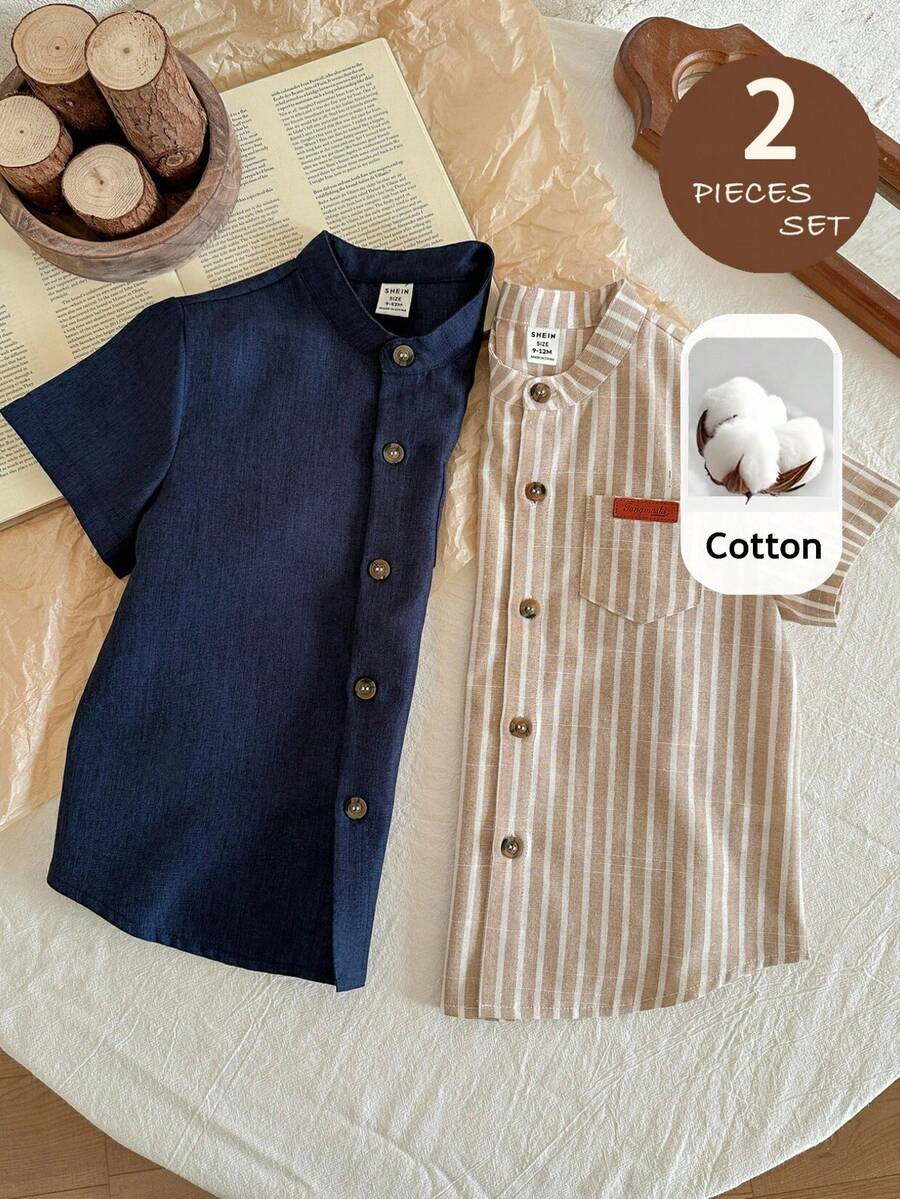 LMoss Kids 2pcs Baby Boy Woven Solid Color Casual Collared Shirt Sets - Multicolor - View 1