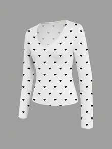 EMERY ROSE Camiseta casual de mujer con cuello en V, mangas raglán y estampado de corazón - Blanco y Negro - Ver 3