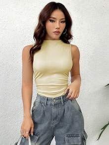 Flirla Women's Minimalist Solid Color Versatile Side Ruched Sleeveless Bodysuit, Summer - Light Yellow - View 5
