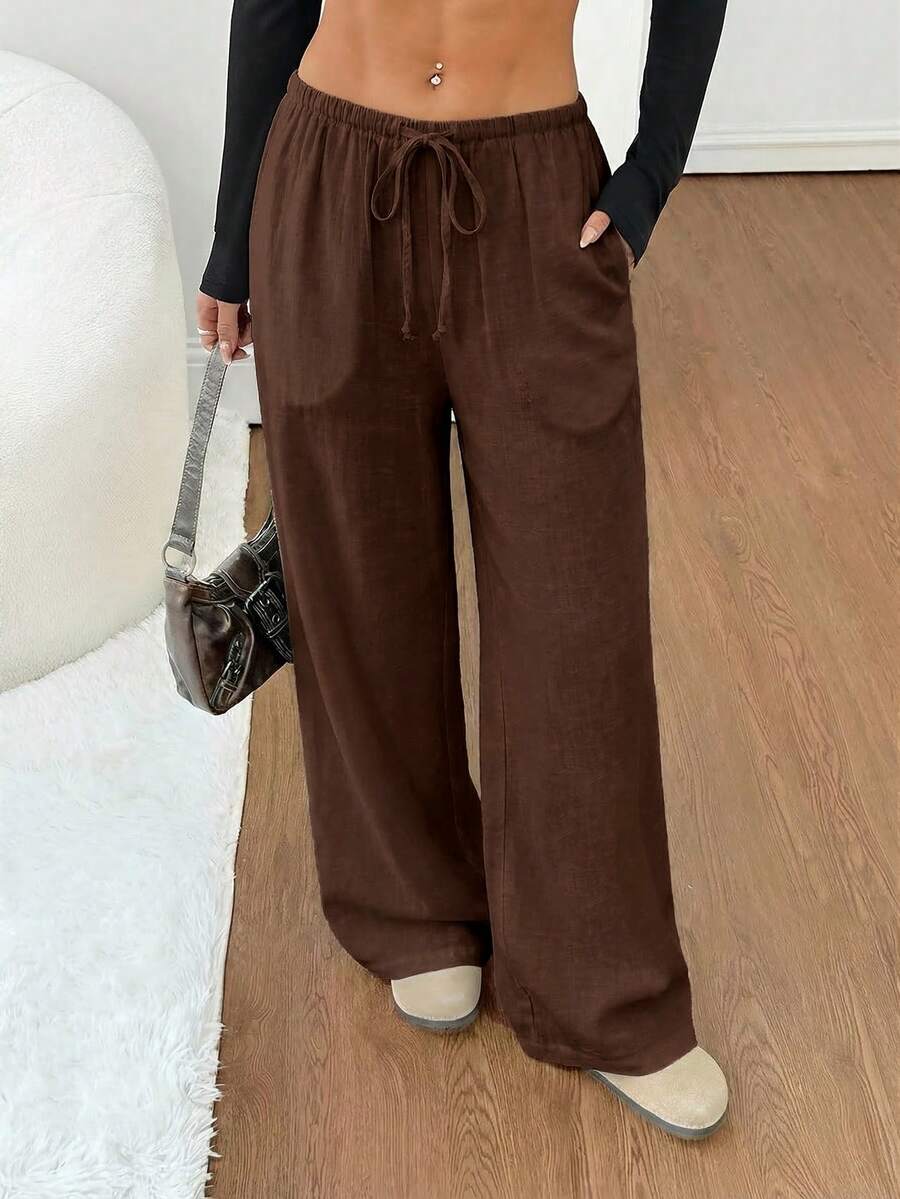 SHEIN PETITE Women's Black Solid Linen Low-Waist Straight-Leg Casual Pants, Suitable For Short Stature, Summer & Autumn - Coffee Brown - View 1