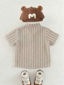 6-36个月婴幼儿男女通用卡其色条纹小熊印花短袖衬衫，男婴/女婴休闲夏季服装 - 卡其色 - 查看 2