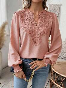 SHEIN PariChic 女士度假撞色蕾丝V领灯笼袖衬衫 - 粉色 - 查看 6