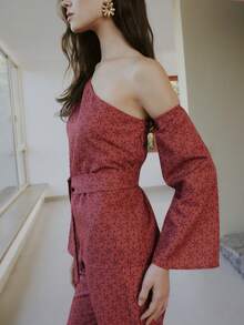 Nöista Conjunto de dos piezas, top asimétrico de un solo hombro con manga larga y pantalones acampanados de cintura alta a juego, todo en tela de satén jacquard. Primavera, verano, evento formal, look diario, Pascua, coordinado, conjunto de dos piezas. Invitado de boda. - Óxido marrón - Ver 3