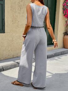 SHEIN Bộ đồ bầu 2 món gồm áo và quần kẻ caro không tay - Đen và trắng - Xem 2