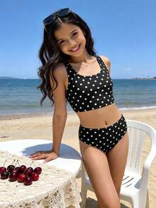 少女休闲波点印花吊带比基尼套装，适合夏季穿着 - 彩色 - 查看 3