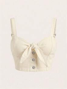 SHEIN MOD 大码女式弹力蝴蝶结吊带修身牛仔吊带背心，浅蓝色女式牛仔装 - 杏色 - 查看 1
