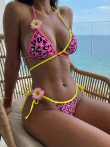 Swim Vcay 女士夏季沙滩豹纹吊带系带性感比基尼泳衣套装 - 彩色 - 查看 9