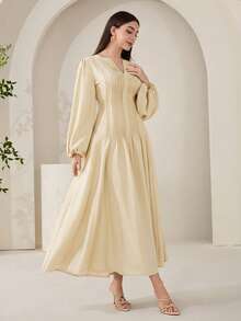 Veilorie Women's Solid Color V-Neck Lantern Sleeve Pleated Design Arabic Style Dress - Yellow - View 3