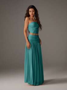 SHEIN PETITE Women's Mesh Solid Color Bandeau Top And Maxi Skirt 2 Pieces Set - Cadet Blue - View 4