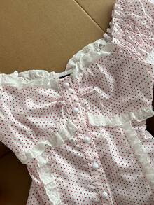 Elamini 甜美波点拼接荷叶边花瓣袖系带短袖女式衬衫，复古别致风，夏季女装，少女风女装，漂亮女装，可爱少女风女装，法式风格衬衫，白色波点衬衫，女式上衣，夏季上衣，蕾丝边衬衫 - 粉色 - 查看 4