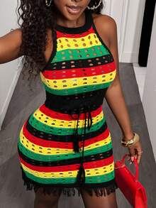 BamGleam 女士彩色镂空露背系带度假休闲轻质针织连衣裙 - 彩色 - 查看 5