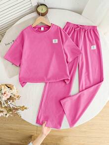 SHEIN 2pcs Tween Girls Casual Loose Comfortable Round Neck Short Sleeve T-Shirt And Pants Set Plain Pink Outfit Two Piece Fit Fuchsia - Hot Pink - View 4