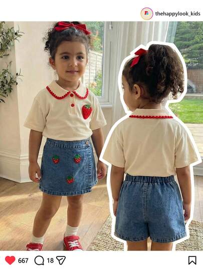 THE HAPPY LOOK Young Girl' Strawberry Pattern Peter Pan Collar Short Sleeve Top And Skirt Set