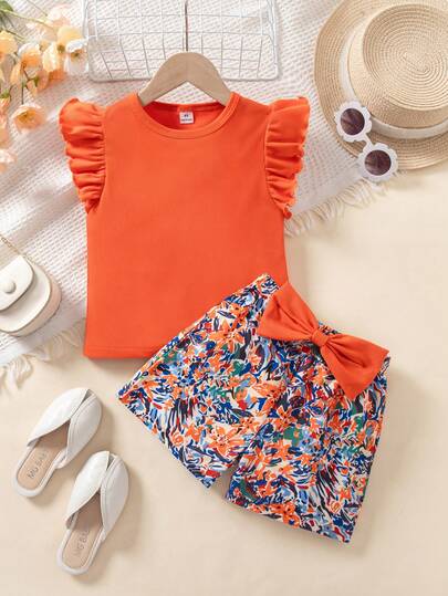 SHEIN 2pcs/Set Girls' Casual Solid Color Round Neck Sleeveless Orange T-Shirt And Blue & White Striped Shorts With Bow Decor, Suitable For Daily Outings And School Sports, Summer Retro Outfit For Kids Kids Summer Outfits For Girls Young Girls Outfit Sets Girl Outfit Sets Summer