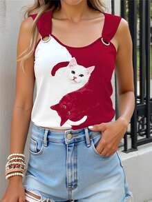 Women's Casual Contrast Color Cat Print Sleeveless Top, Summer - Burgundy - View 5