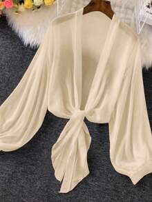SHEIN Unity Plus Size Women Solid Color Lantern Sleeve Tie Waist Blouse - Apricot - View 3